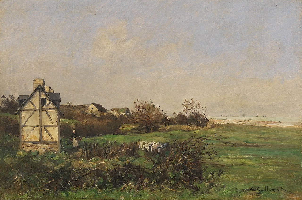 Paesaggio con casa a graticcio e moglie del contadino